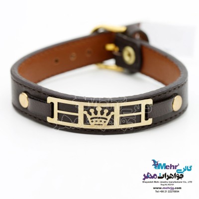 دستبند طلا و چرم - طرح تاج رولکس