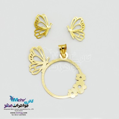 نیم ست طلا آویز و گوشواره - طرح گل و پروانه