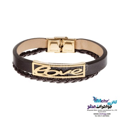 دستبند طلا و چرم - طرح عشق