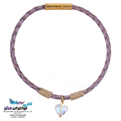 دستبند طلا و چرم - سنگ سواروسکی قلب