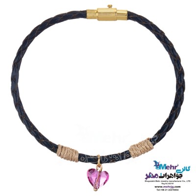 دستبند طلا و چرم - سنگ سواروسکی قلب