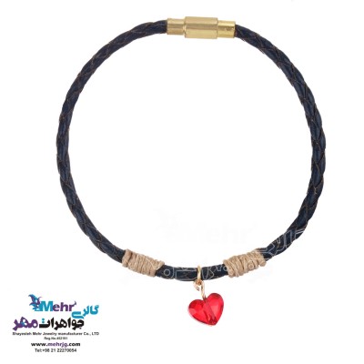 دستبند طلا و چرم - سنگ سواروسکی قلب