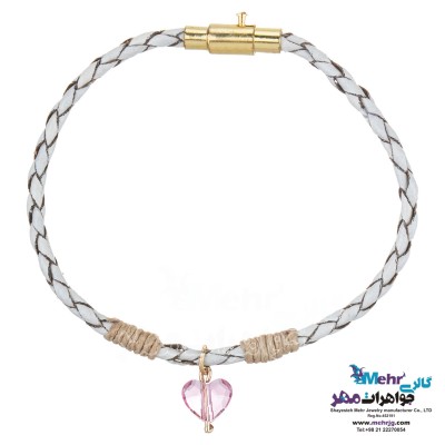 دستبند طلا و چرم - سنگ سواروسکی قلب