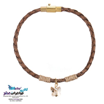 دستبند طلا و چرم - سنگ سواروسکی پروانه