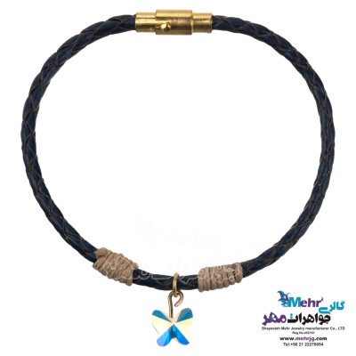 دستبند طلا و چرم - سنگ سواروسکی پروانه