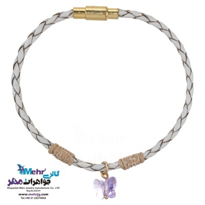 دستبند طلا و چرم - سنگ سواروسکی پروانه