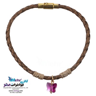 دستبند طلا و چرم - سنگ سواروسکی پروانه