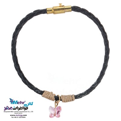 دستبند طلا و چرم - سنگ سواروسکی پروانه