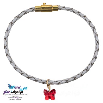 دستبند طلا و چرم - سنگ سواروسکی پروانه