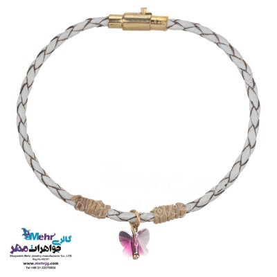 دستبند طلا و چرم - سنگ سواروسکی پروانه