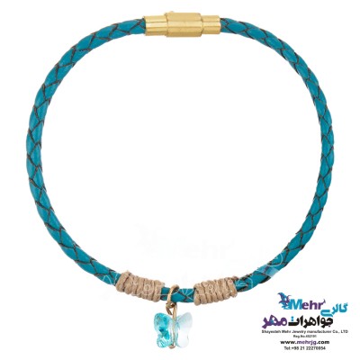 دستبند طلا و چرم - سنگ سواروسکی پروانه