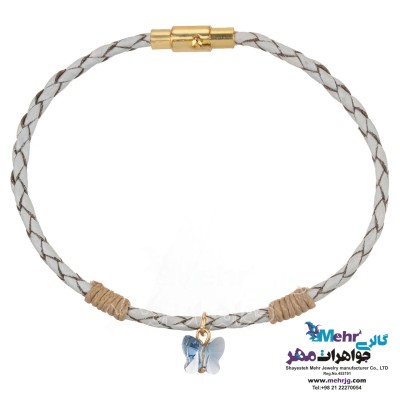 دستبند طلا و چرم - سنگ سواروسکی پروانه