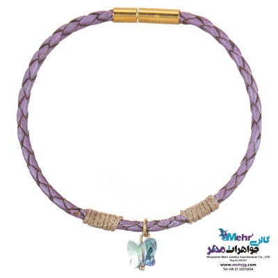 دستبند طلا و چرم - سنگ سواروسکی پروانه