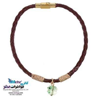 دستبند طلا و چرم - سنگ سواروسکی گل