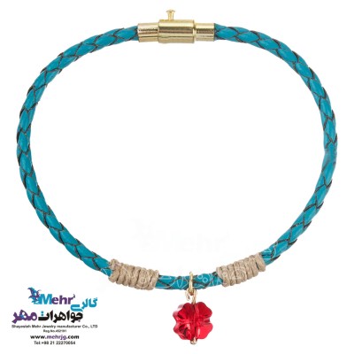 دستبند طلا و چرم - سنگ سواروسکی گل