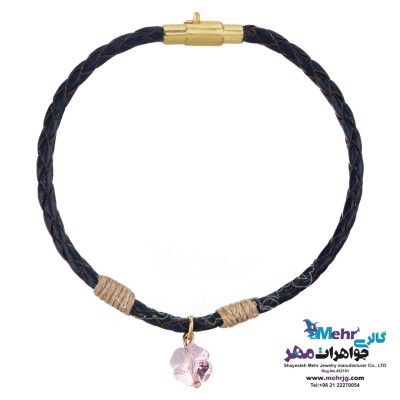 دستبند طلا و چرم - سنگ سواروسکی گل