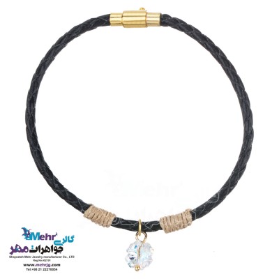 دستبند طلا و چرم - سنگ سواروسکی گل