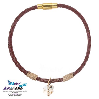 دستبند طلا و چرم - سنگ سواروسکی گل