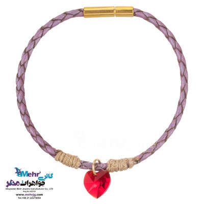 دستبند طلا و چرم - سنگ سواروسکی قلب