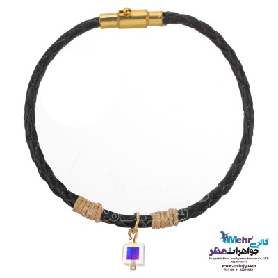 دستبند طلا و چرم - سنگ سواروسکی مکعب
