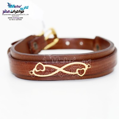 دستبند طلا و چرم - طرح بی‌نهایت و قلب