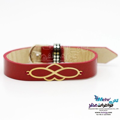 دستبند طلا و چرم - طرح بی‌نهایت و قلب