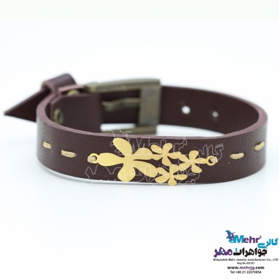 دستبند طلا و چرم - طرح گل پریوش