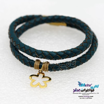 دستبند طلا و چرم - طرح گل پنج برگ