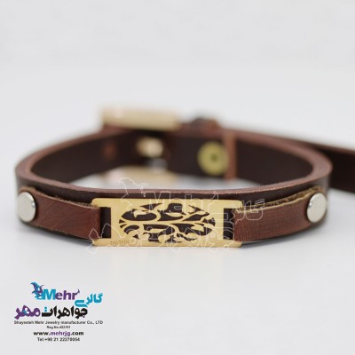 دستبند طلا و چرم - طرح شاخه و برگ