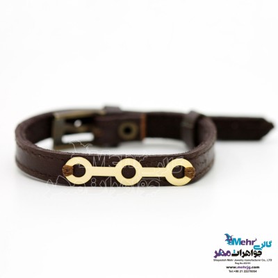 دستبند طلا و چرم - طرح خط و دایره