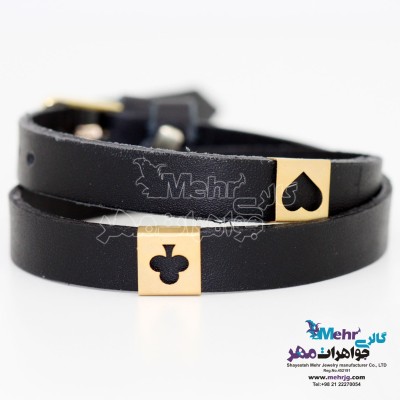 دستبند طلا و چرم - طرح خاج و دل