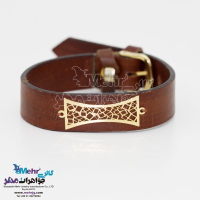 دستبند طلا و چرم - طرح ساعت شنی