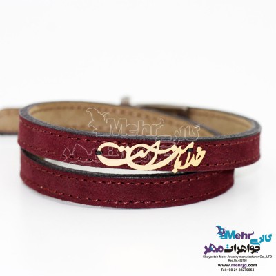 دستبند طلا و چرم - طرح خدا با من است
