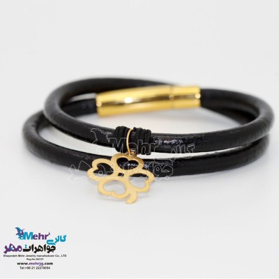 دستبند طلا و چرم - طرح شبدر چهار برگ