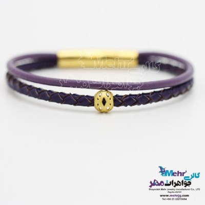 دستبند طلا و چرم - طرح گوی توری
