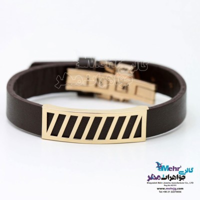 دستبند طلا و چرم - طرح خطوط موازی