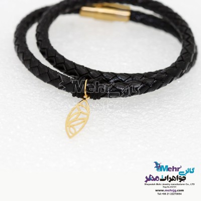 دستبند طلا و چرم - طرح برگ