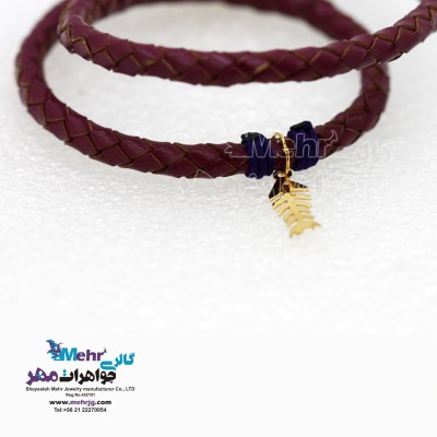دستبند طلا و چرم - طرح اسکلت ماهی