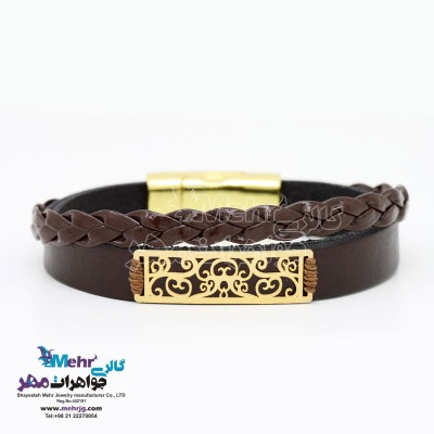دستبند طلا و چرم - طرح اسلیمی