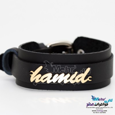دستبند اسم طلا و چرم - طرح حمید