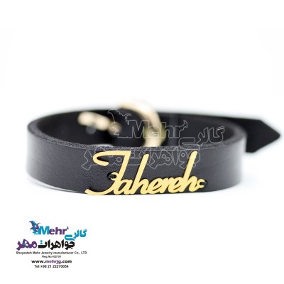 دستبند اسم طلا و چرم - طرح طاهره
