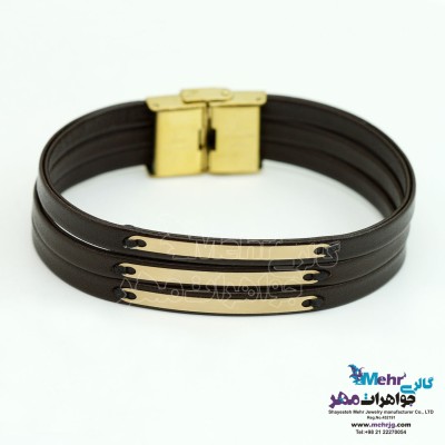 دستبند طلا و چرم - طرح خطوط موازی