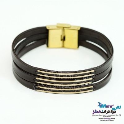 دستبند طلا و چرم - طرح خطوط موازی