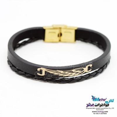 دستبند طلا و چرم - طرح بال عقاب
