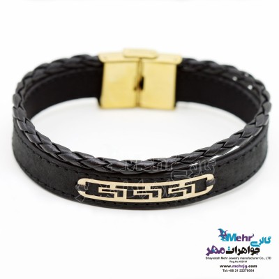 دستبند طلا و چرم - طرح پلکانی