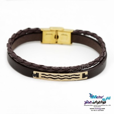 دستبند طلا و چرم - طرح موج