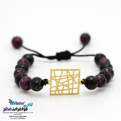 دستبند طلا و سنگ - طرح مربع حصیری