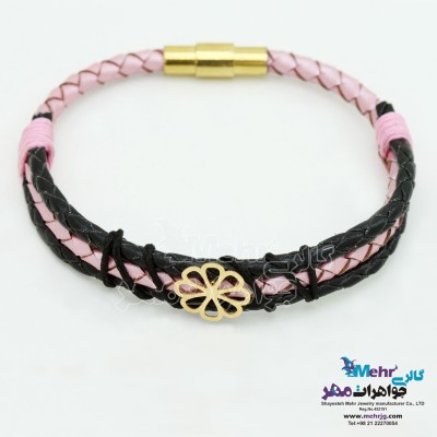 دستبند طلا و چرم - طرح گل