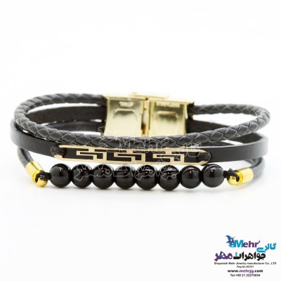 دستبند طلا و چرم - طرح پلکانی