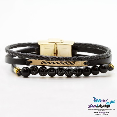 دستبند طلا و چرم - طرح خطوط موازی